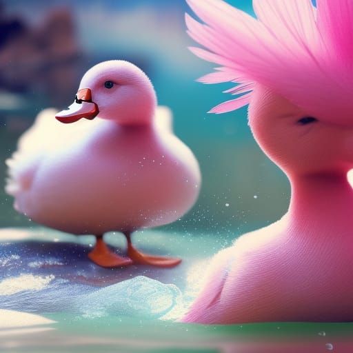Baby pink duck with his pink duck mom