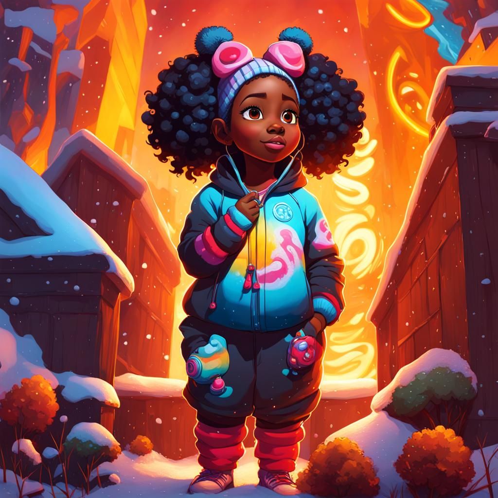a fat little black adolescent girl dressed for very snowy we...