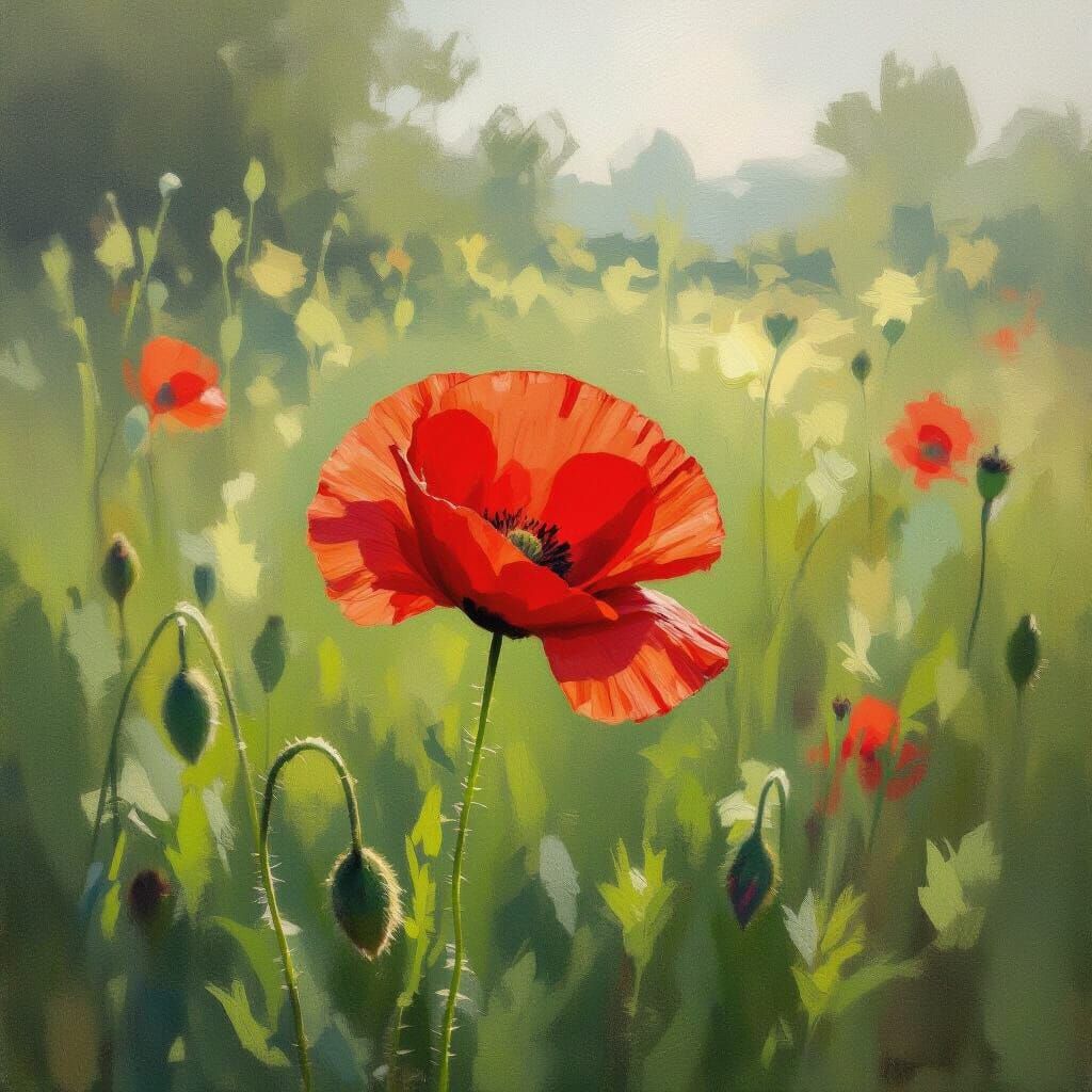 Vibrant Red Poppy in Impressionistic Oil Style