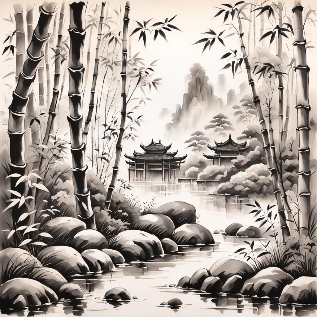 Autumn Stonescape with Bamboo in Chinese Ink Painting