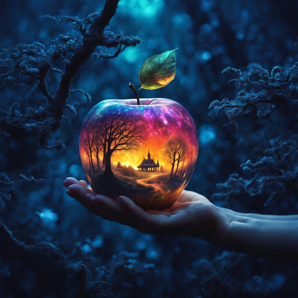 Surreal, Dreamlike Apple with Ethereal World Inside