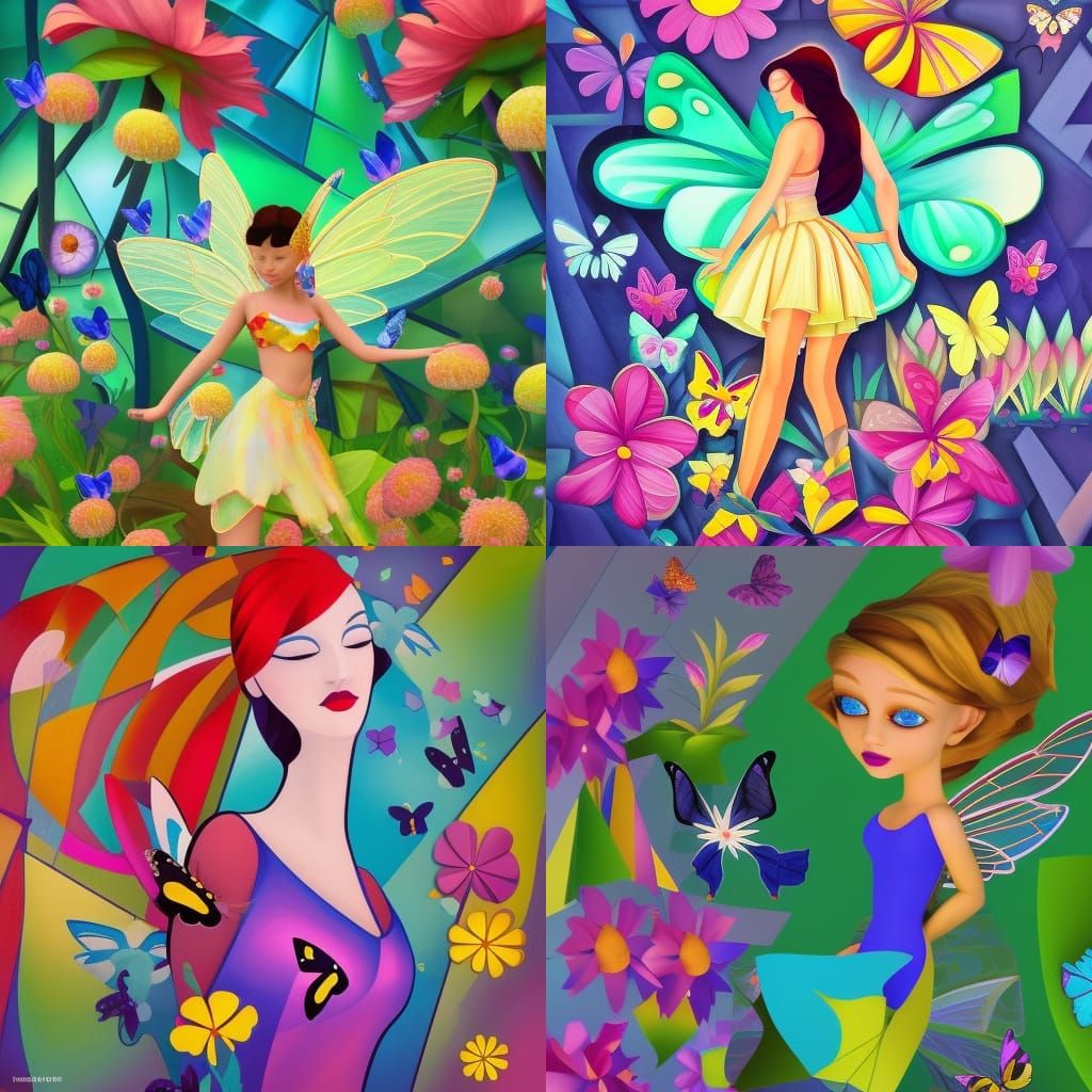 small fairy in a big garden with flowers all around with but...