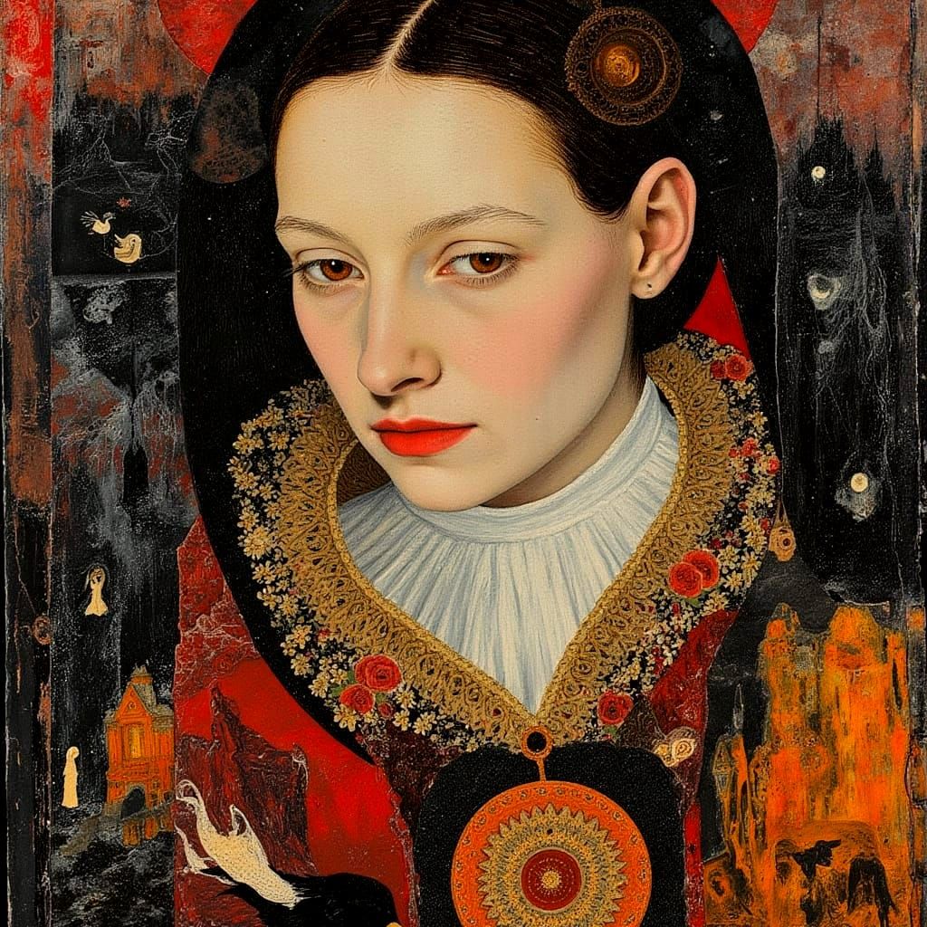 Anne Boleyn Portrait in Esoteric Surrealism Style