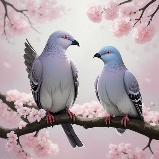 Pigeons on Cherry Branch in Bloom Digital Painting