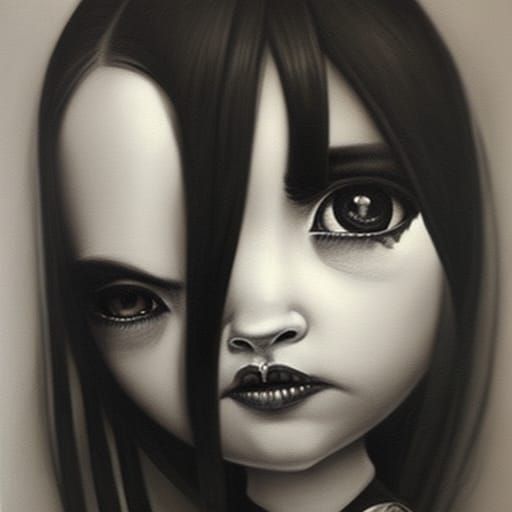 Adorable Chibi Gothic Wednesday Addams in Cemetery