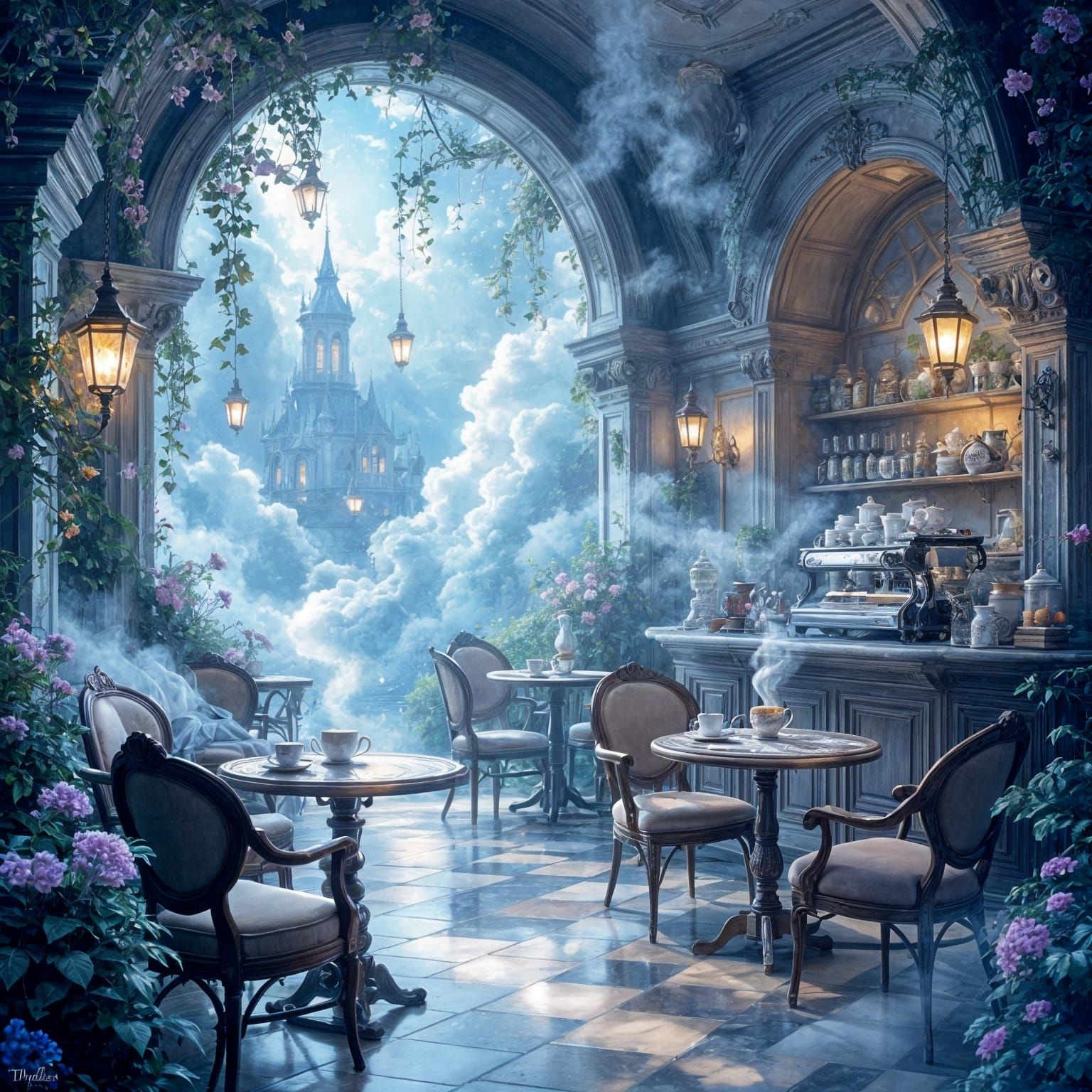 A dreamlike café where gravity bends, chairs float gently in the air, and magical coffee pours itself ...  by @Zacharo