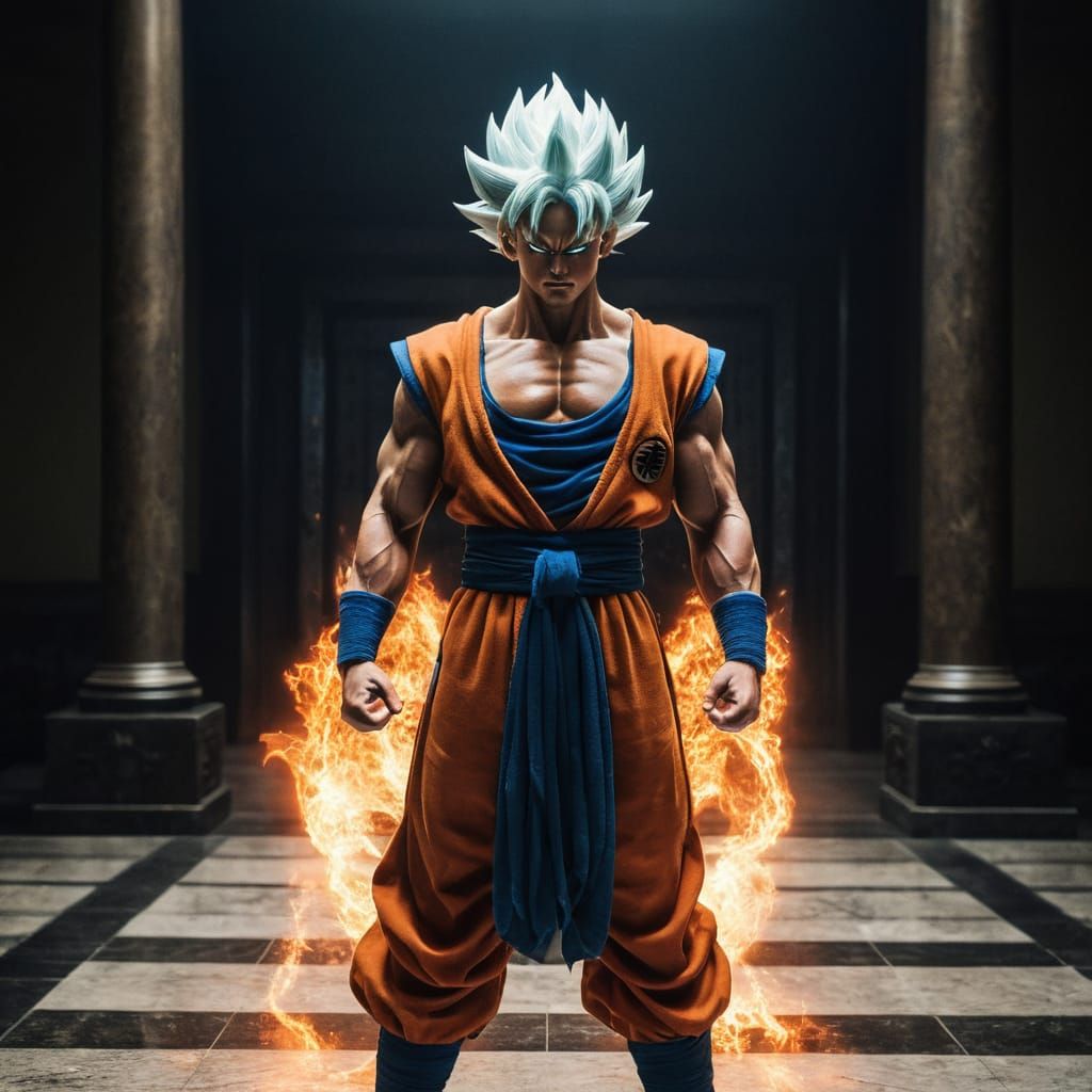 Furious super saiyan Omni god Goku standing in Zeno sama’s p...