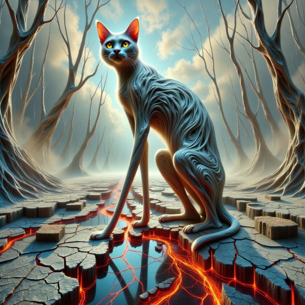 <lora:-Slender World-:1.0> frontal view of a tall slender cat squatting down and looking at the viewer