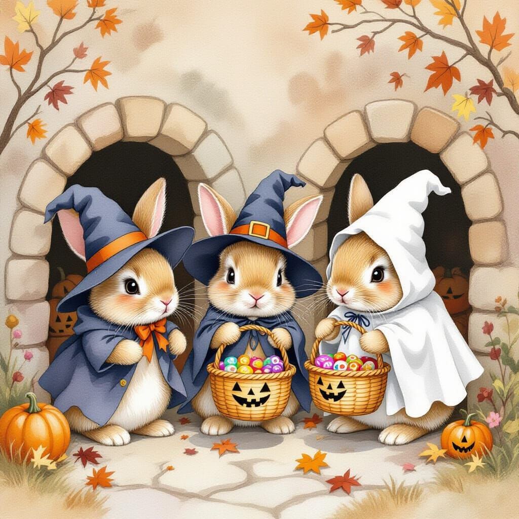 Kittens dressed up for Halloween trick-or-treating at houses, inspired by the style of Bellatrix Potter - Start Image 1