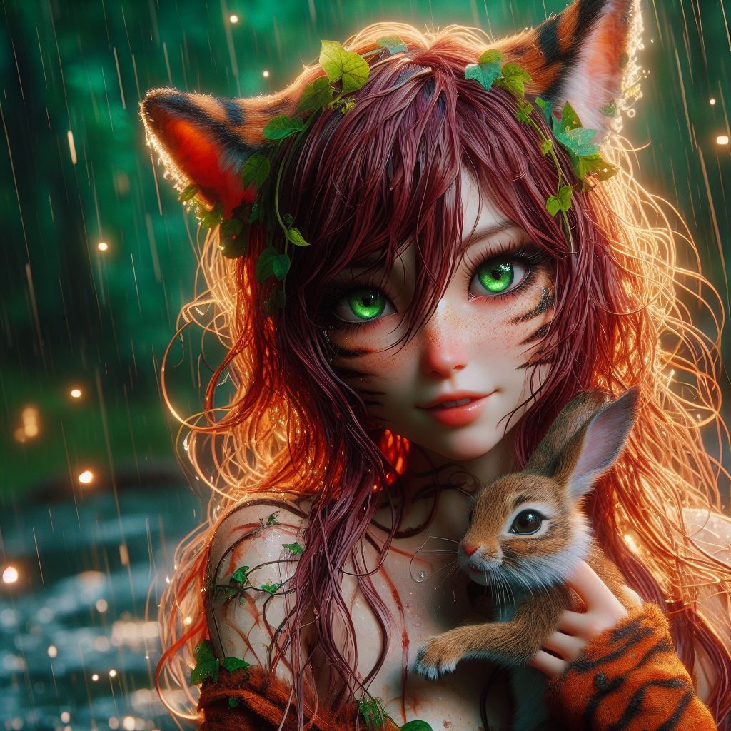 Tiger girl and Bunny in the rain