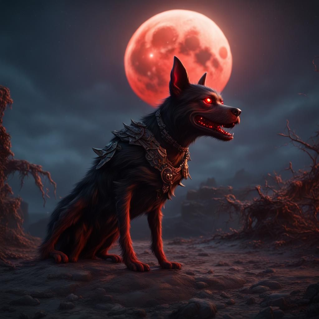 Red eyed monster dog at moon rise.