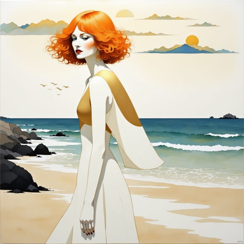 "Minimalist, orange haired photomodel, in an seashore nature illustration; surreal; white and golden color; full body, high key, no signatur...