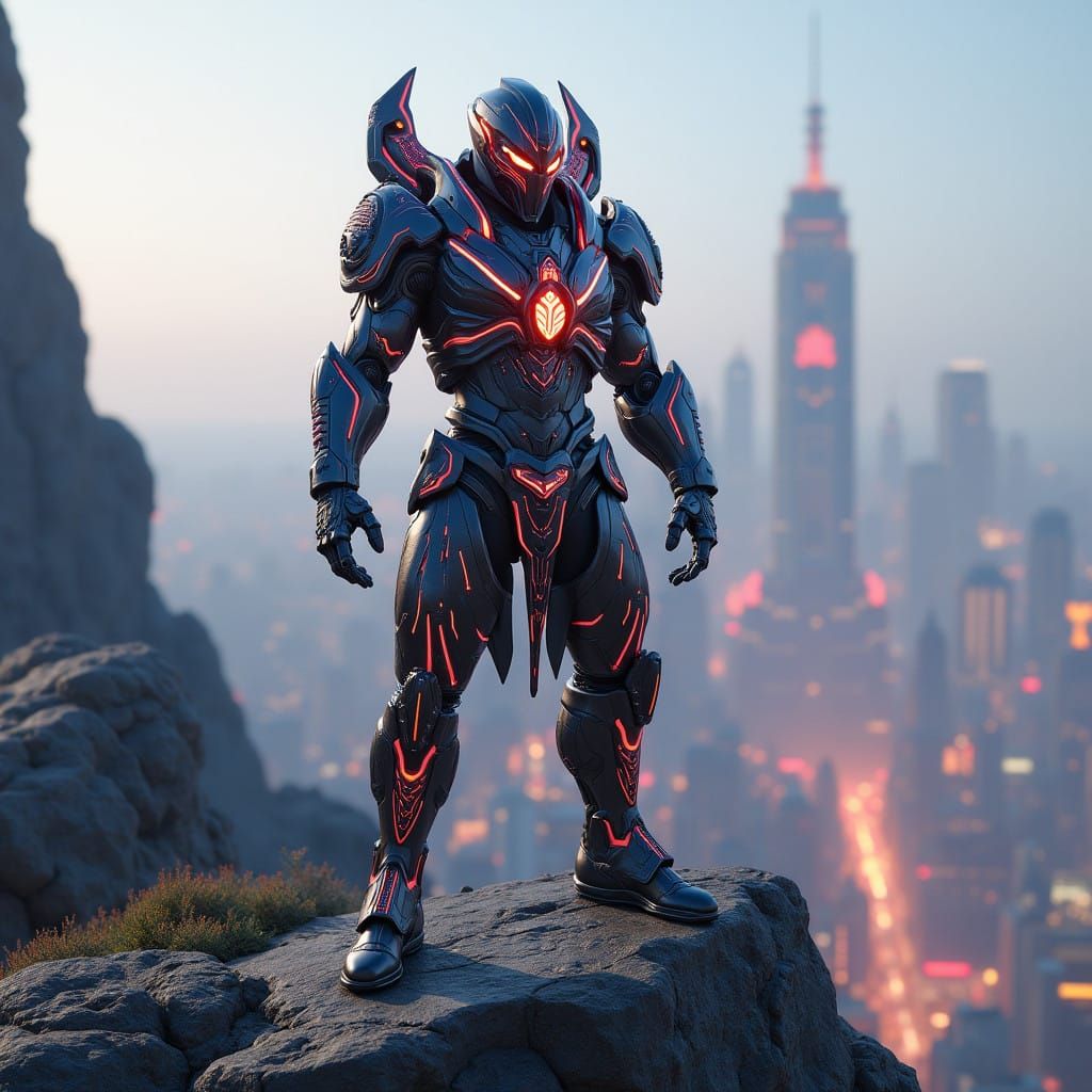Futuristic Warrior atop Dystopian Cityscape in High-Tech Arm...