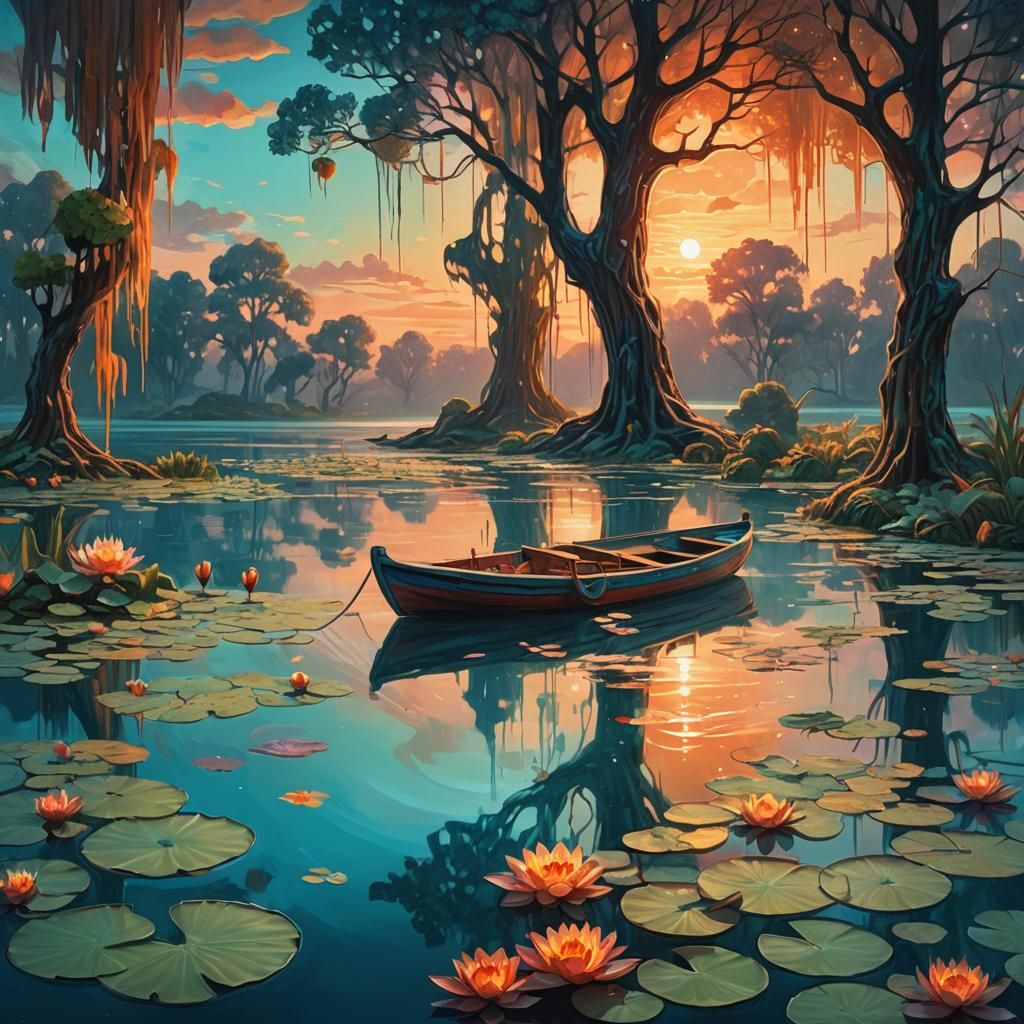 Surreal Boat Scene at Sunset in Oil Painting Style