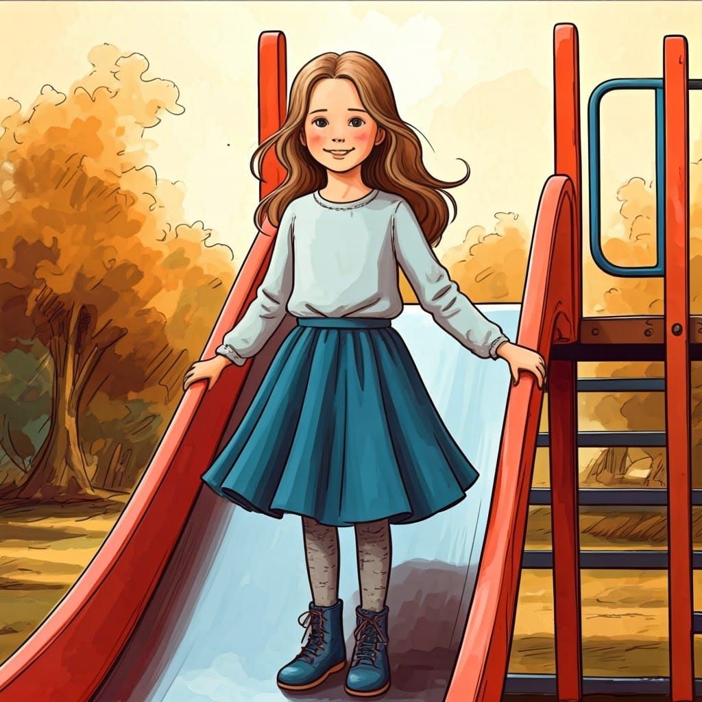 Confident Girl Slides Down a Playground Slide