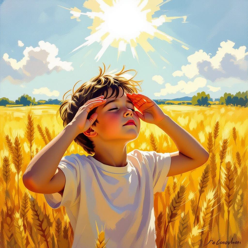 Boy Shielding Eyes in Sunlit Wheat Field Oil Painting