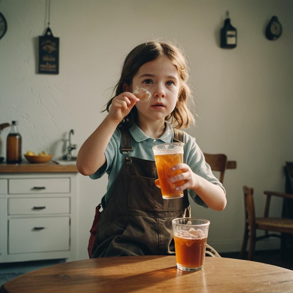 little girl drink kombucha from cup