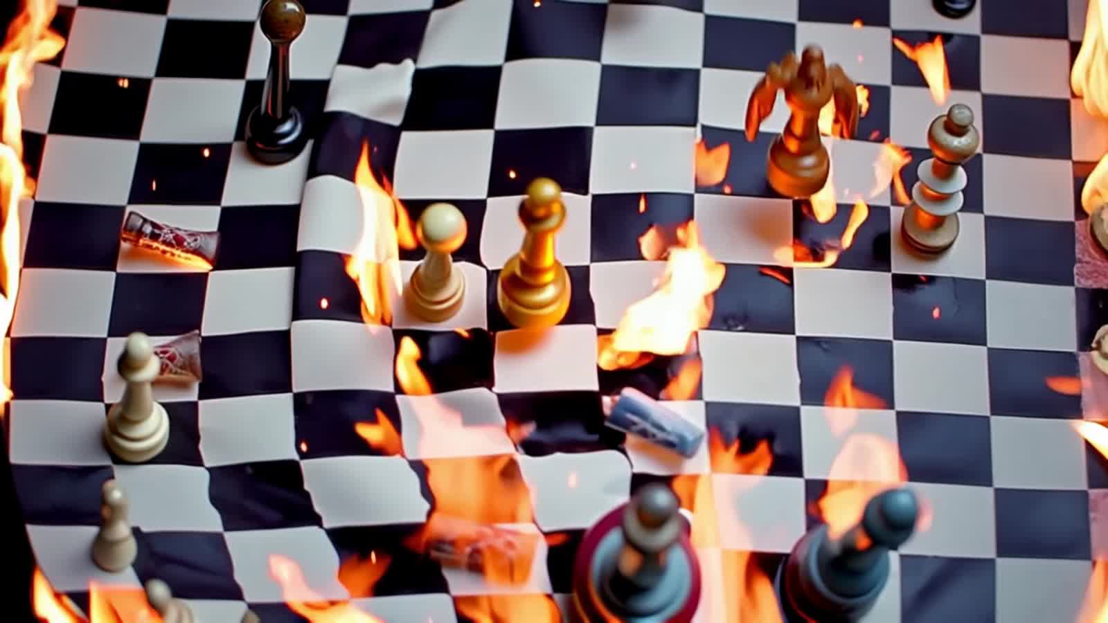 Chess pieces moving across a chess board while on fire,