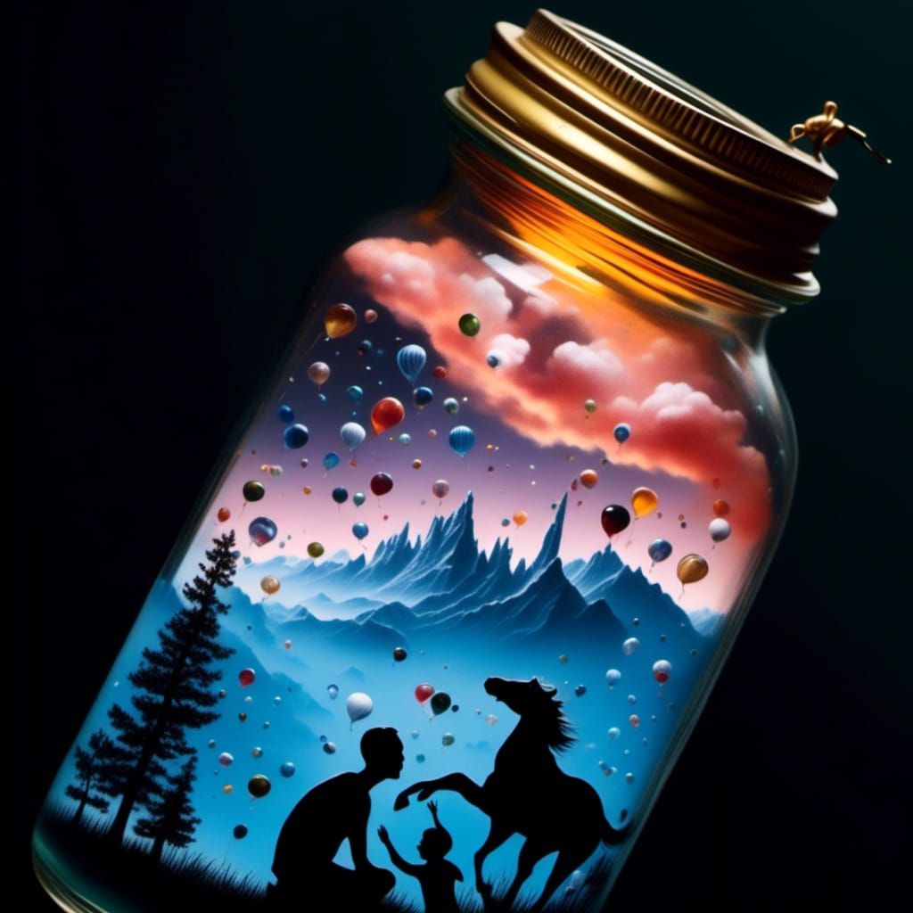  <lora:Art Jars:1.0> Art in a bottle, Brian Despain and Joe Webb, digital art, photorealism, surrealism, Preserving moments in time