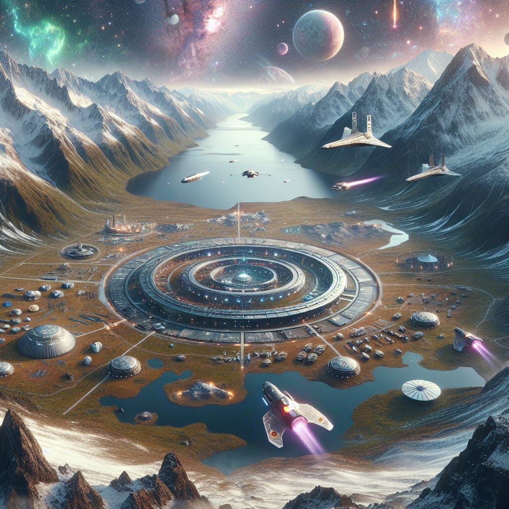 Создайте супер реалистическое изображение открытой горной долины, окружённый снежными горными пиками, с небольшим горным озером и лежащий пе...