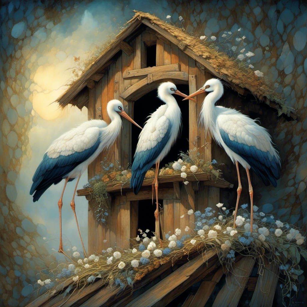 The storks nest on the roof of an ancient barn, by Anna Ditt...