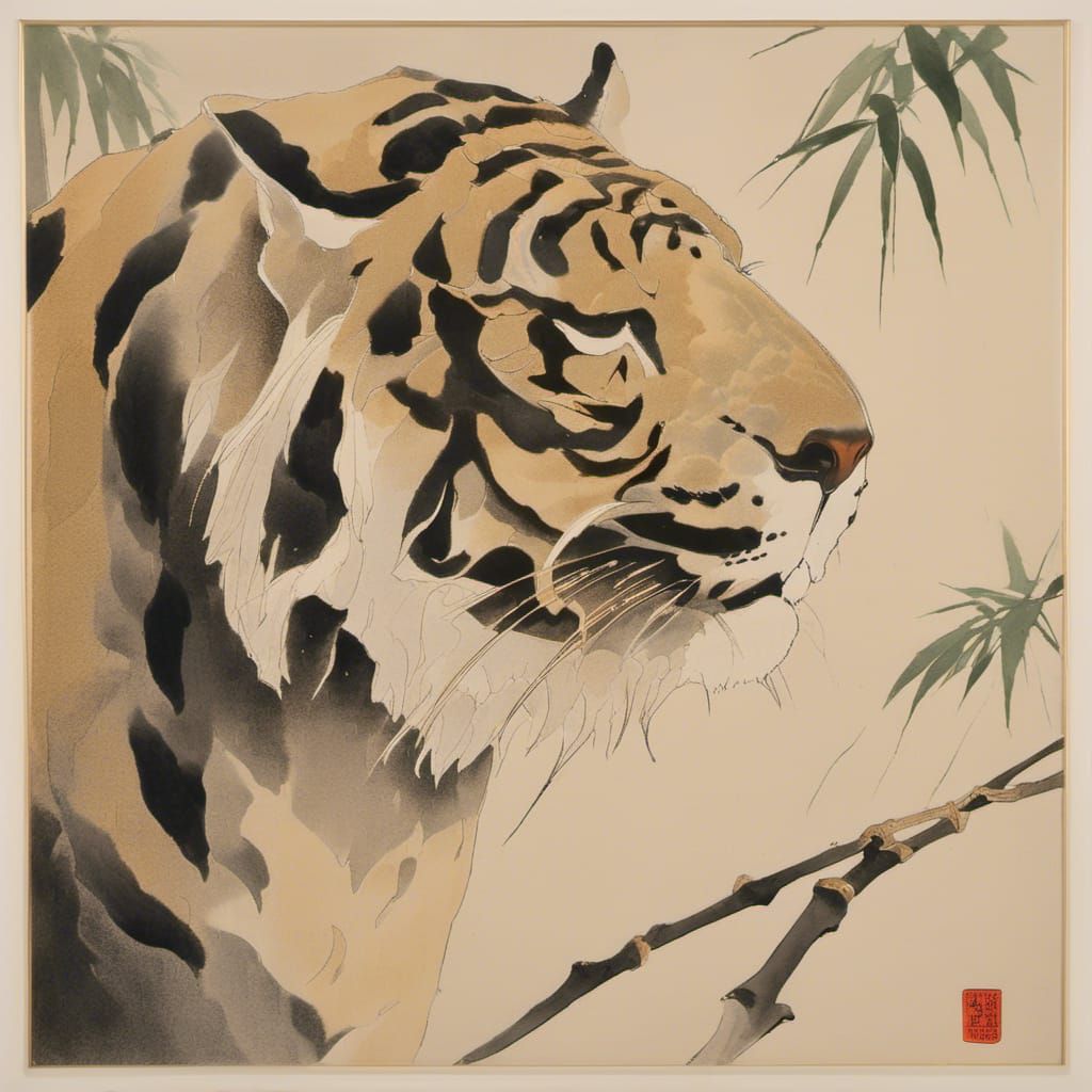 Style of Itō Jakuchū <lora:Entyposi:0.3> tiger, bamboo background , minimal muted tones