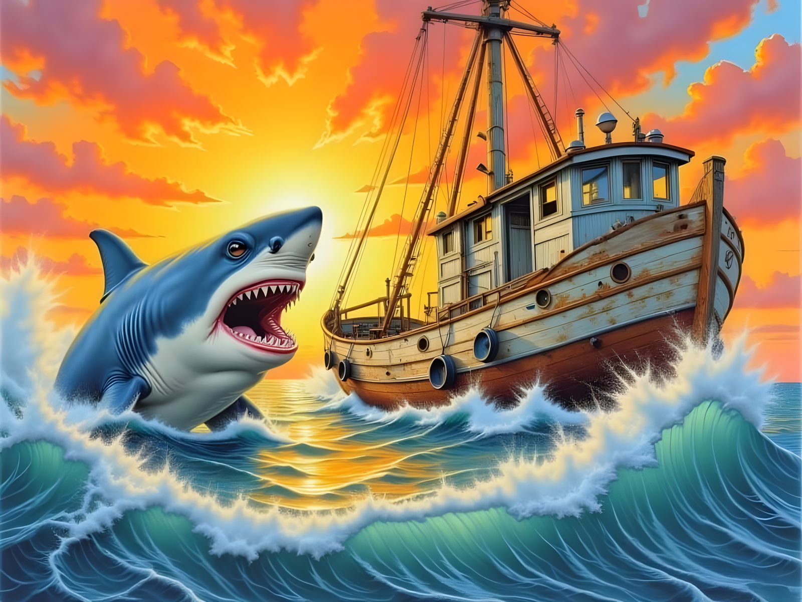 Great White Shark Leaps Near the Orca: Colored Pencil