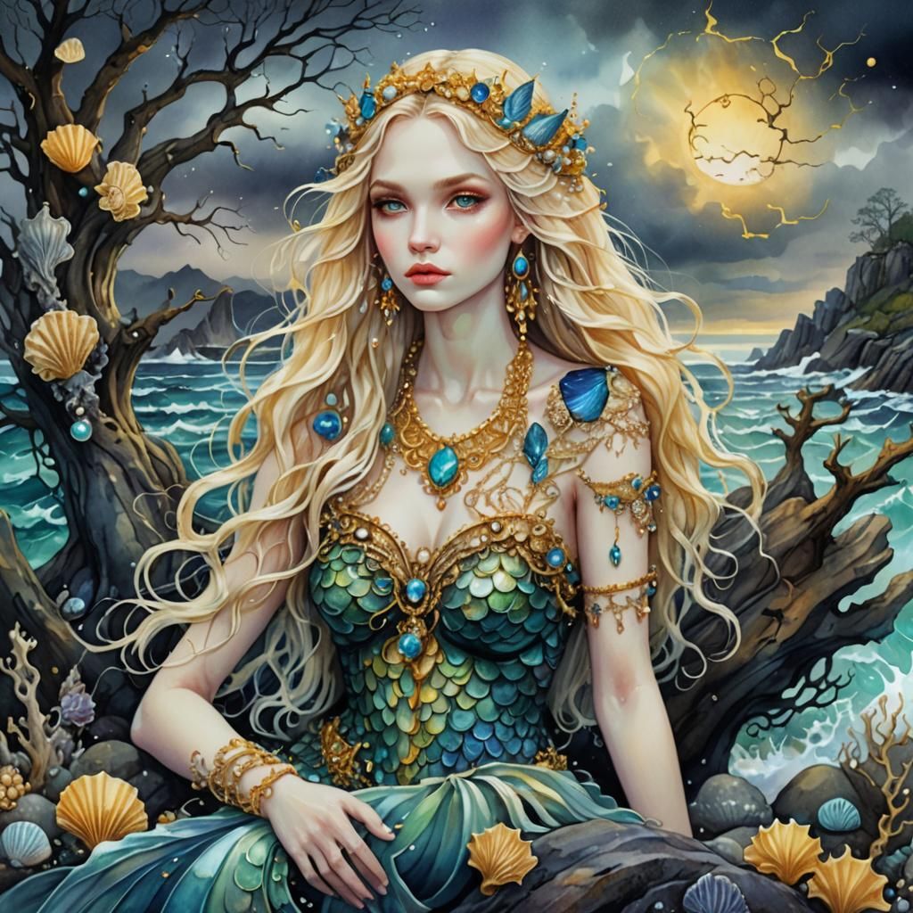 Mermaid in Stormy Sea: Gothic Watercolor Fantasy