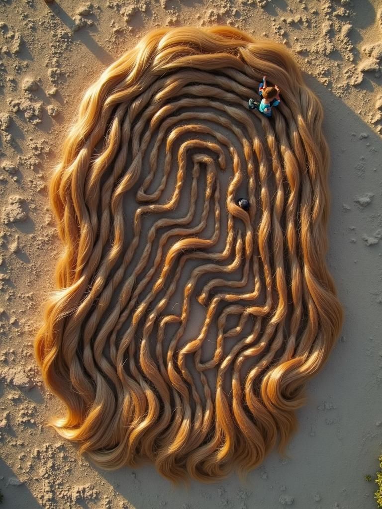 an aerial image showcasing a woman's hair intricately styled as a maze, with little toddlers playfully navigating through it. The hair shoul...