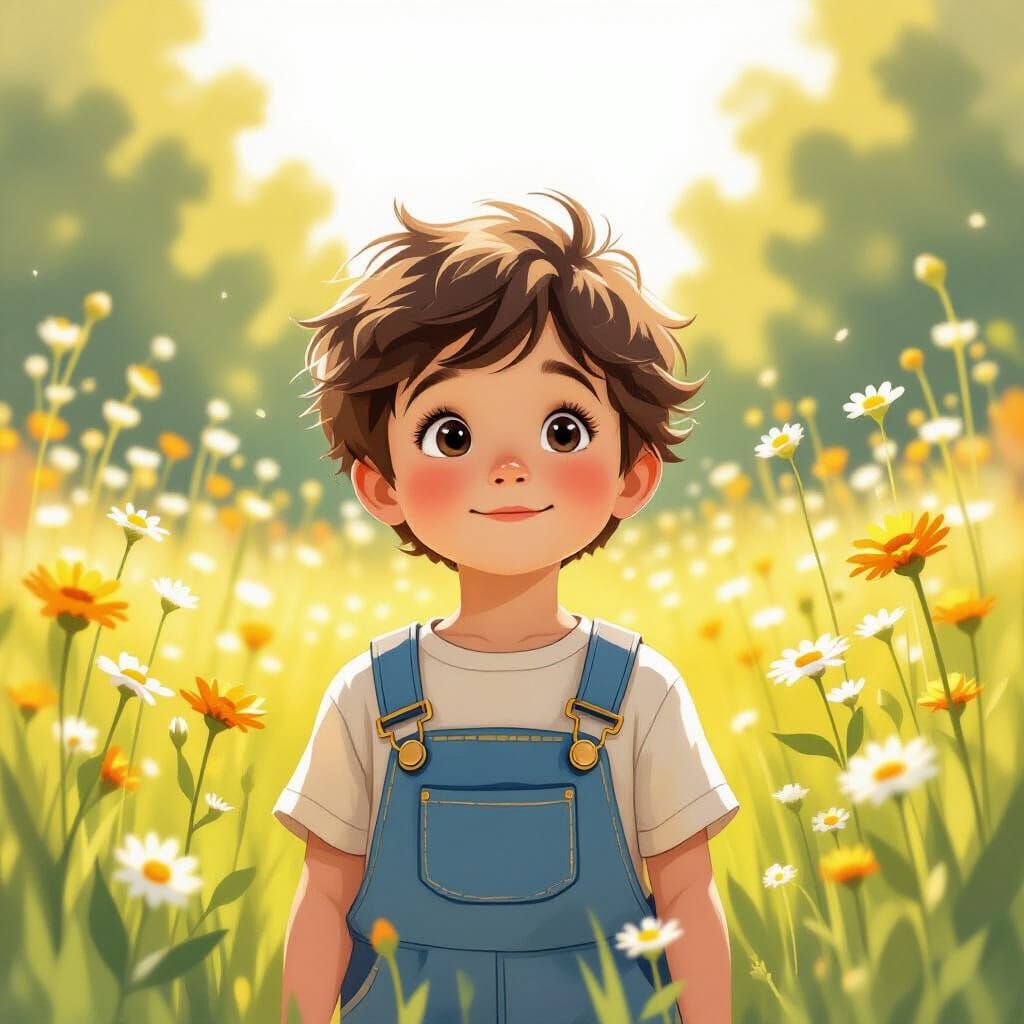 Whimsical Boy in Sunlit Meadow