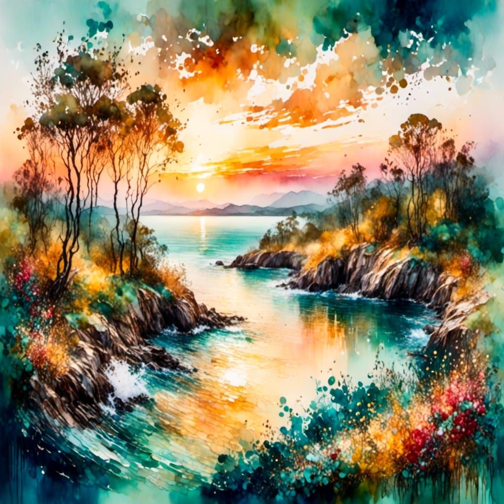 <lora:Lights Camera Action:1.0>morning sunrise over a beautiful island, by Craig Mullins, Robert Oxley, watercolor paints, oil paint on can...