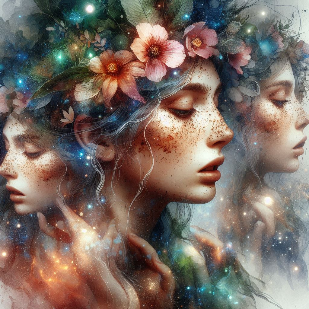 double exposure beautiful fantasy DALL-E 3 portrait landscape..