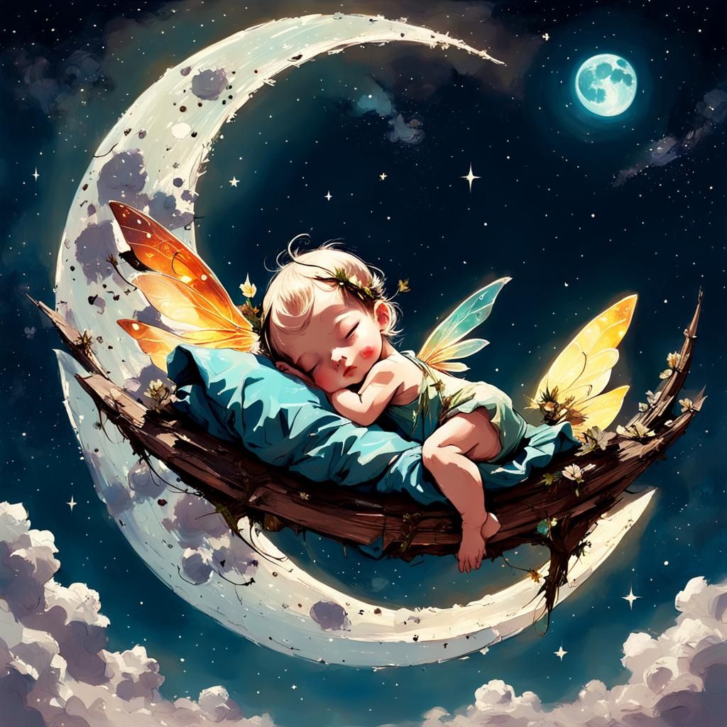 a cute baby fairy sleeping on the moon, in the sky :: digital art anime in Midjourney style by Gil Elvgren, ...  by @Didier B