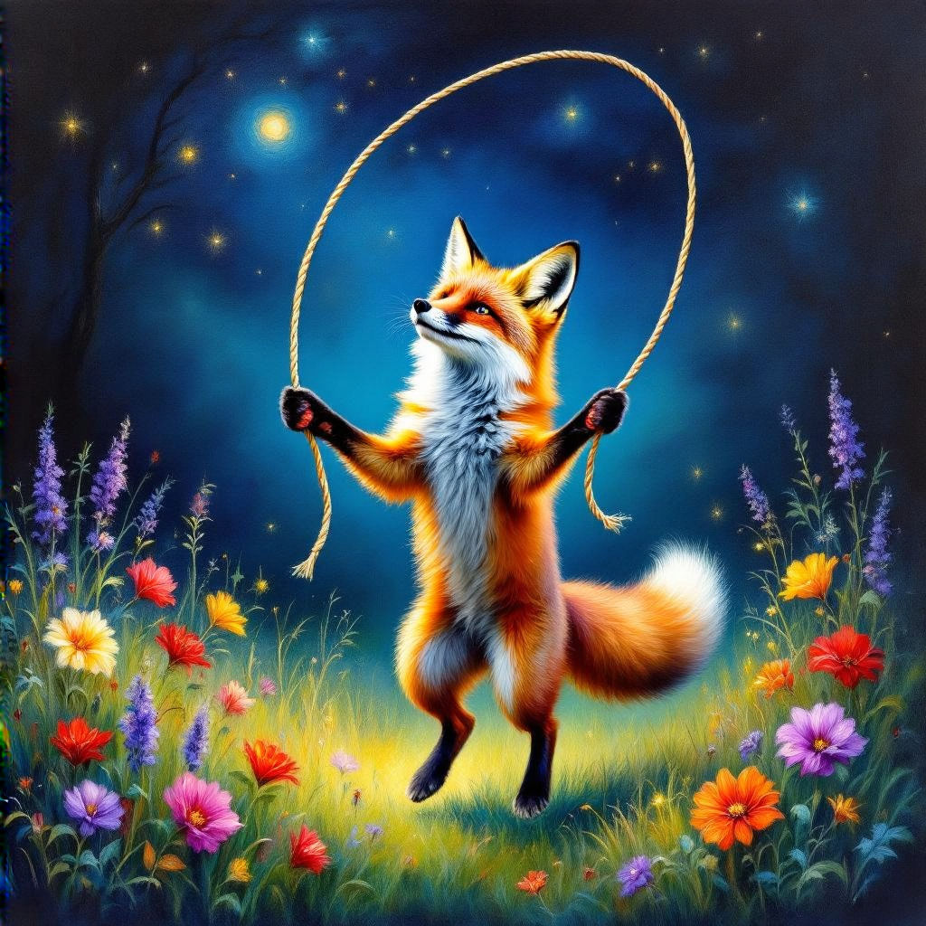 A fox is playing jump-rope