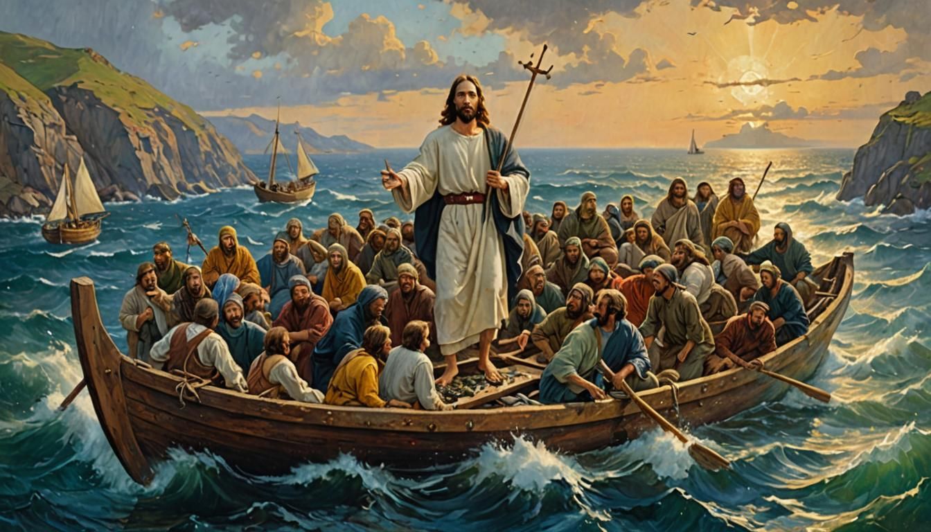 Jesus Christ in a boat full of fish oil painting by James Gu...
