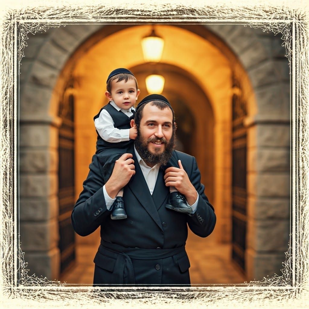 Joyful Hasidic Father and Child in Volumetric Lighting