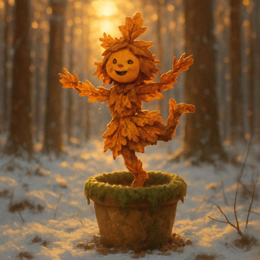 Whimsical Autumn Leaf Child in Winter Forest