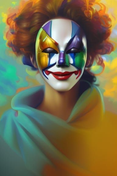 beautiful woman in a Guy Fawkes clown mask, bright vivid col...