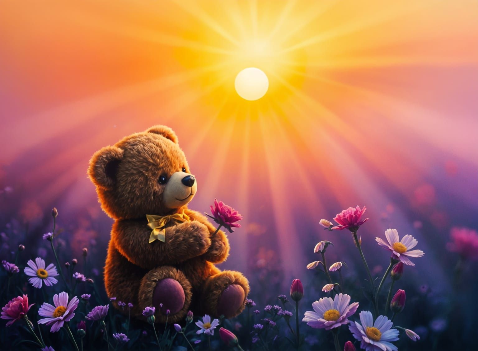 a teddy bear in a flower field  by @skeller