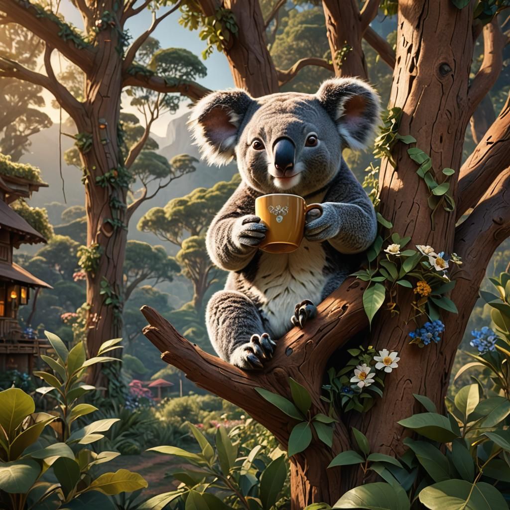 Koala Sipping Coffee in Cozy Village: Fantasy Art