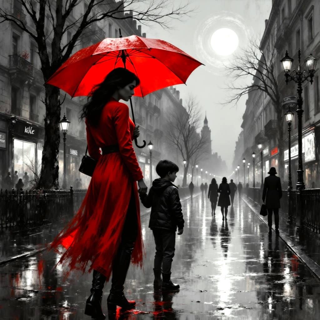 Mother and Son Under Red Umbrella in Rainy City