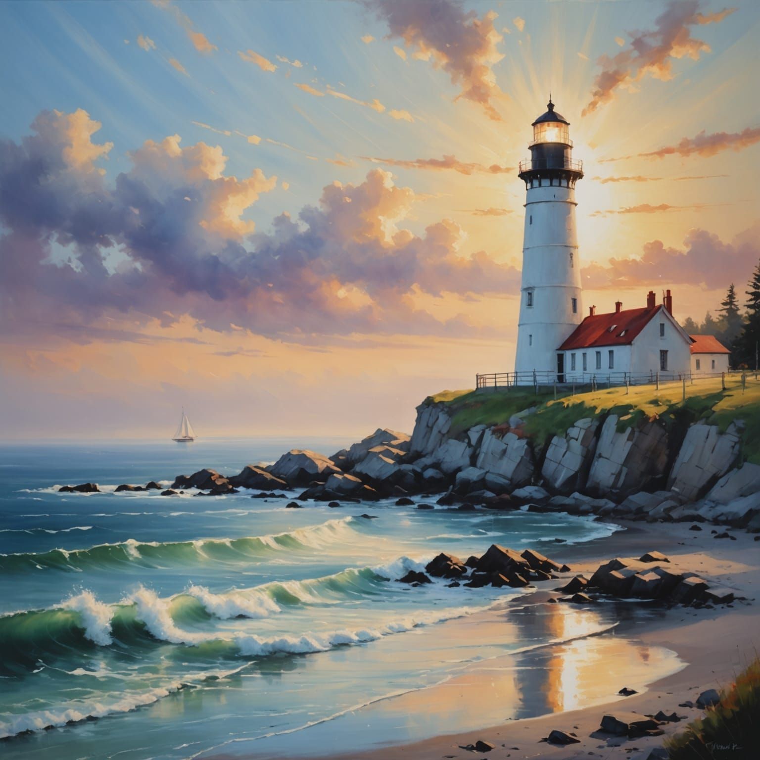Beautiful painting of a Lighthouse, soft focus, romantic atmosphere   by @Al_in_Tanzania