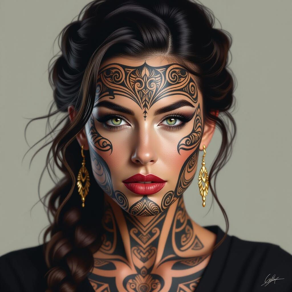 Exotic woman with Maori war tattoos on her face.  by @D Cypher