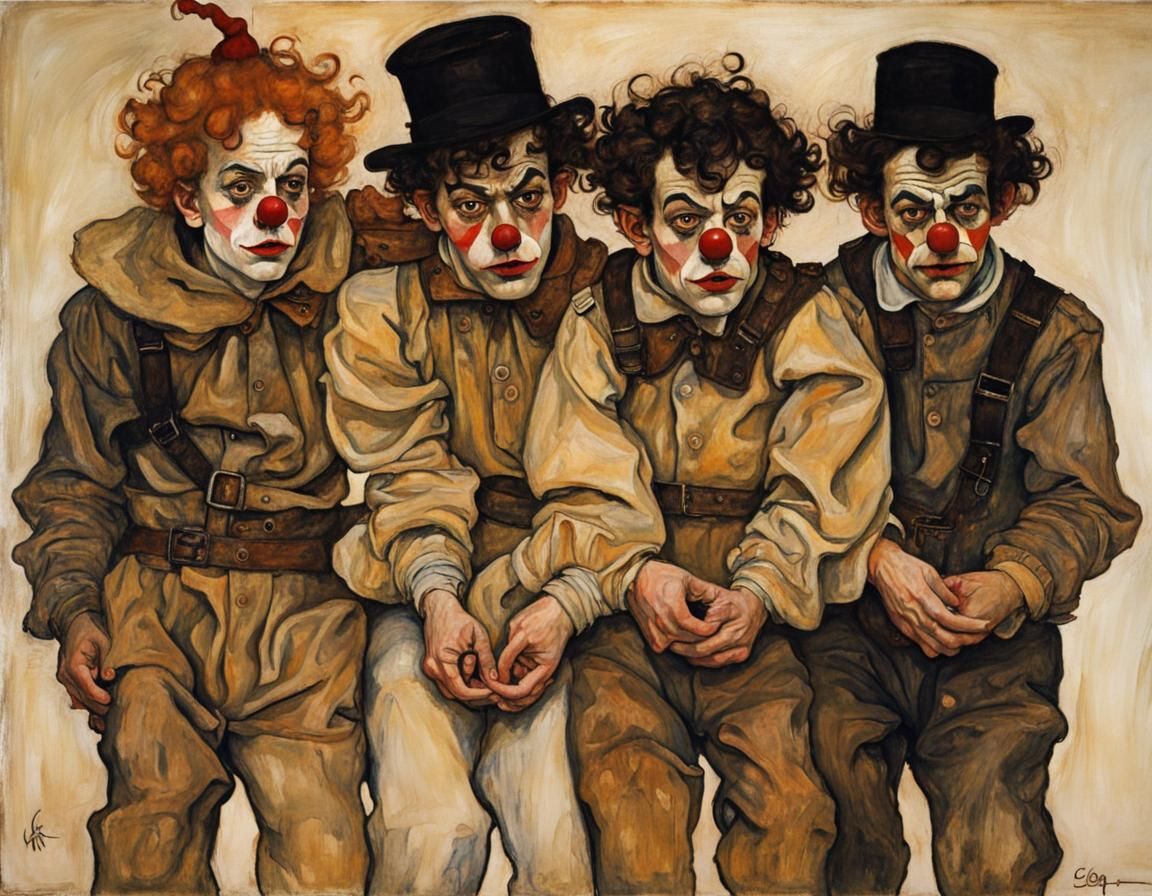 clown kidnappers, detailed oil painting, egon schiele