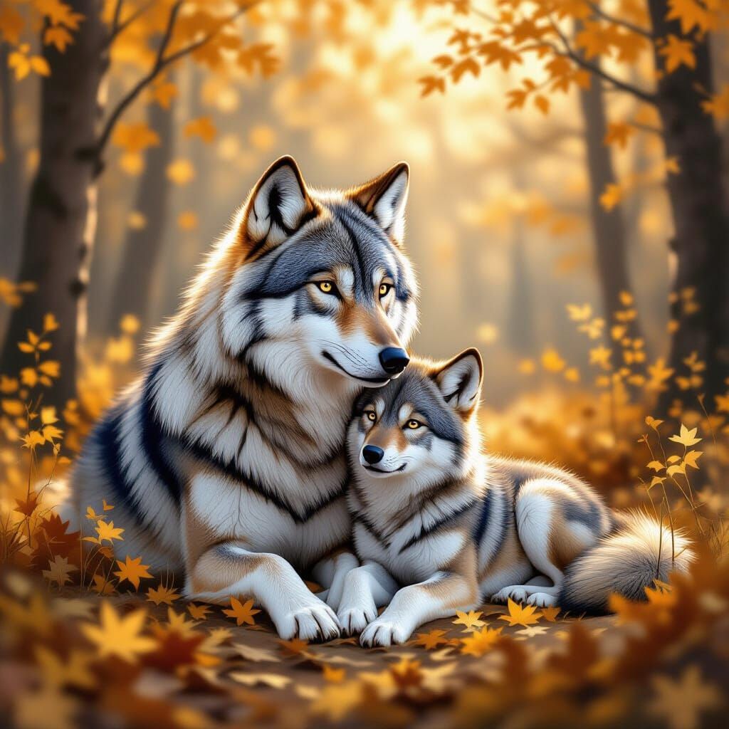 Tender wolf family in a forest setting with golden leaves.   by @ProfEstrella