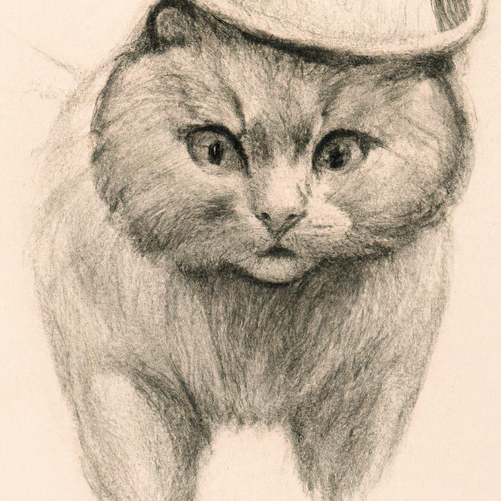 Pencil Sketch of a Scottish fold cat wearing a hat