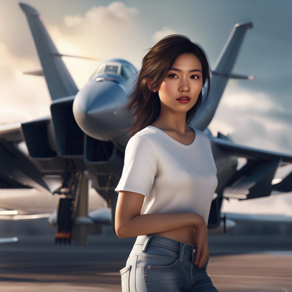 Asian girl in jeans short and white t-shirt near  a plane. F...