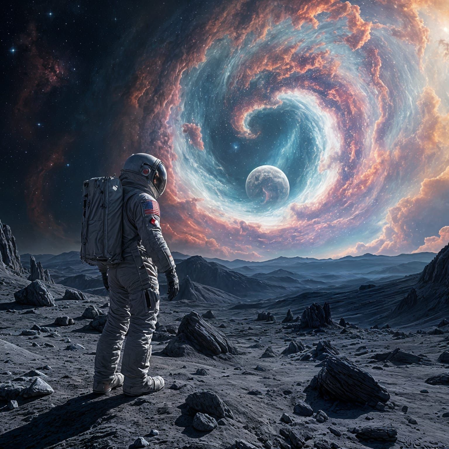 A lone astronaut gazes at a breathtaking vista of a nebula from a rocky, desolate moon. Wide shot. Digital painting, reminiscent of cosmic h...