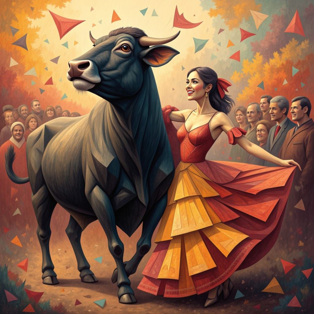 a black bull and a graceful flamenco dancer <lora:Geometrika:1.0>