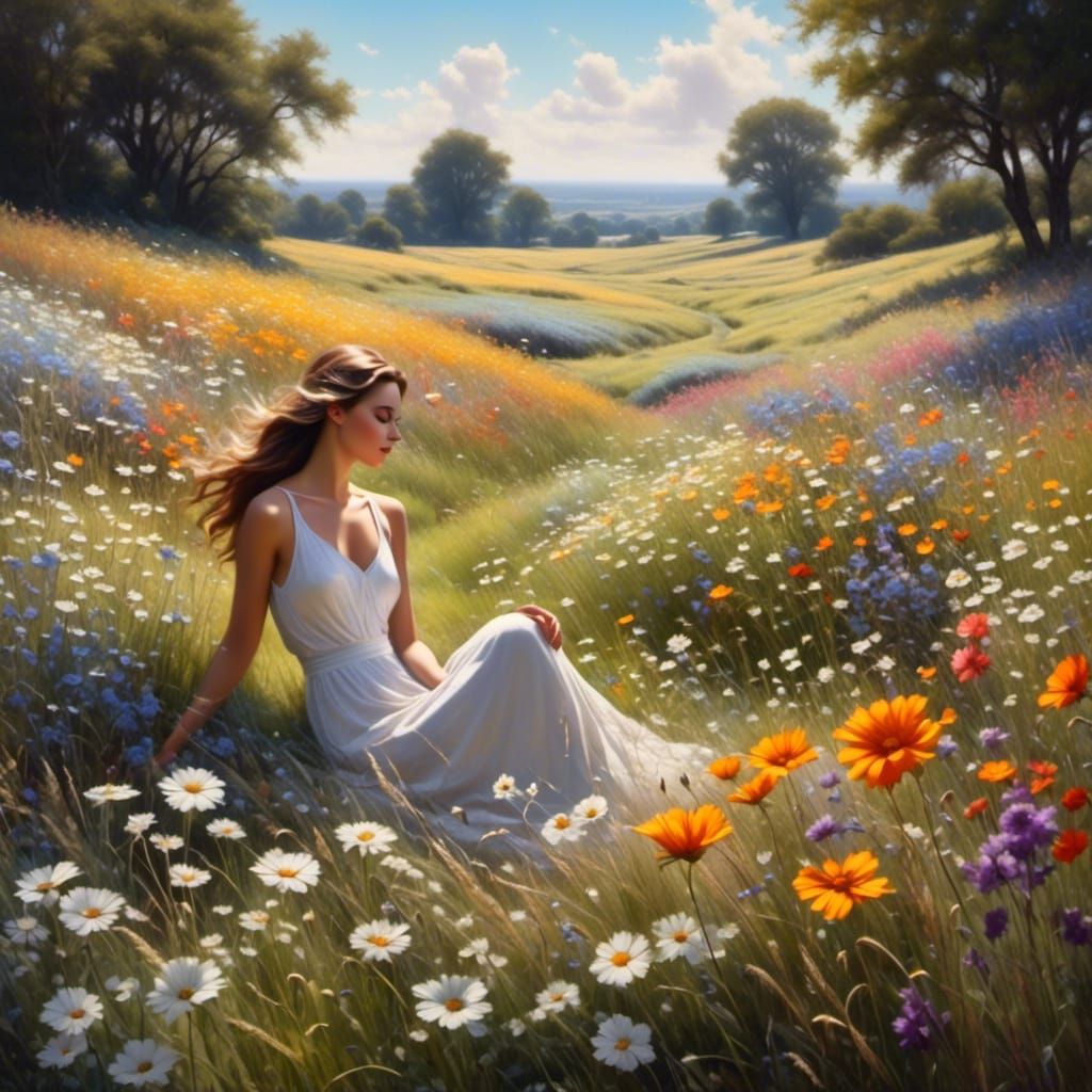 <lora:Pencil and Charcoal:1.0> A field of wildflowers under a bright, blue sky. In the middle of the field, a person lies on the ground, sur...